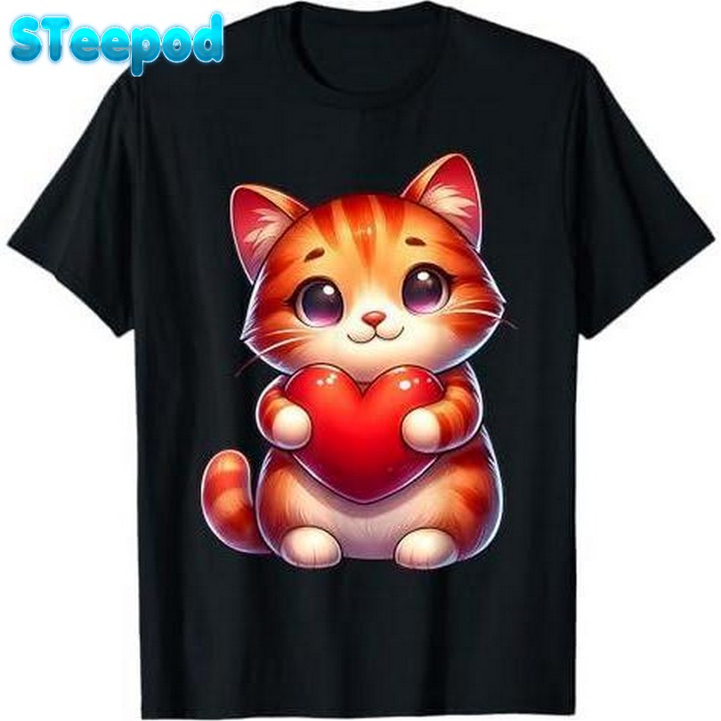 Cute Cat Hugging Heart Love Kitten Adorable Kitty Lover T-Shirt